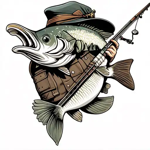 traditional style tattoo bass fish holding fishing rod wearing vest and a hat  tattoo design idea