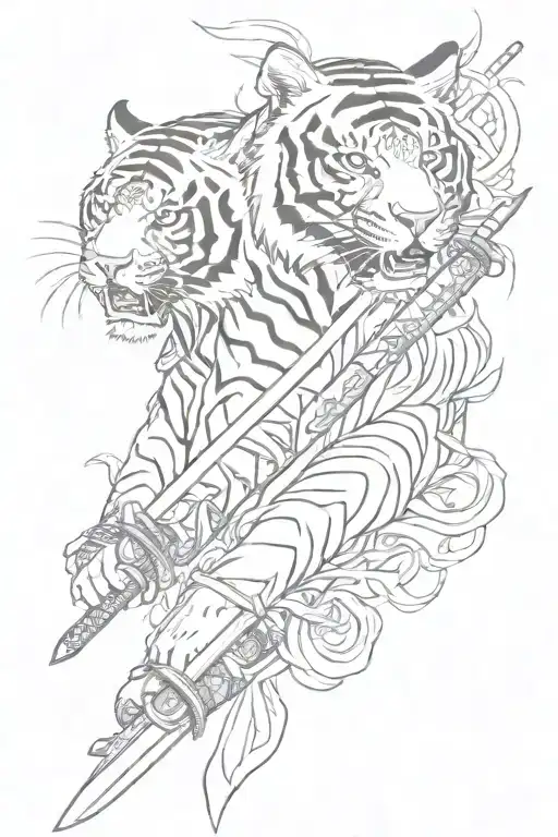 sleeve with katanas and tigers in non-traditional japanese style tattoo design idea