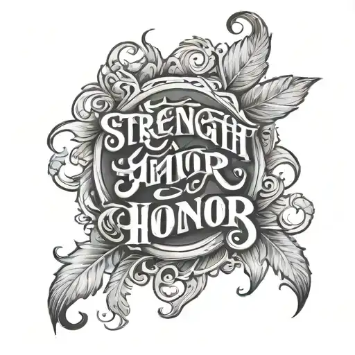 strength and honor phrase written tattoo design idea