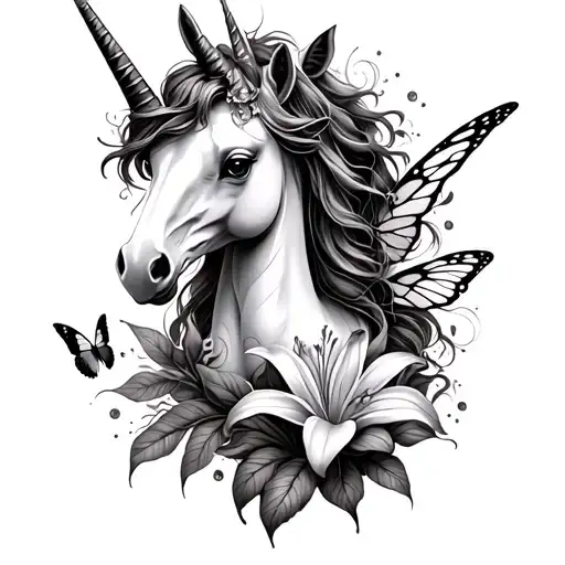 unicorn, fairy, lilies, butterfly, rainbow tattoo design idea
