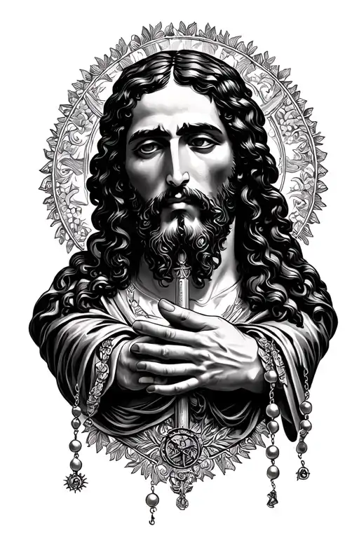 San Judas Tadeo with some hands and a rosary in the tattoo design idea