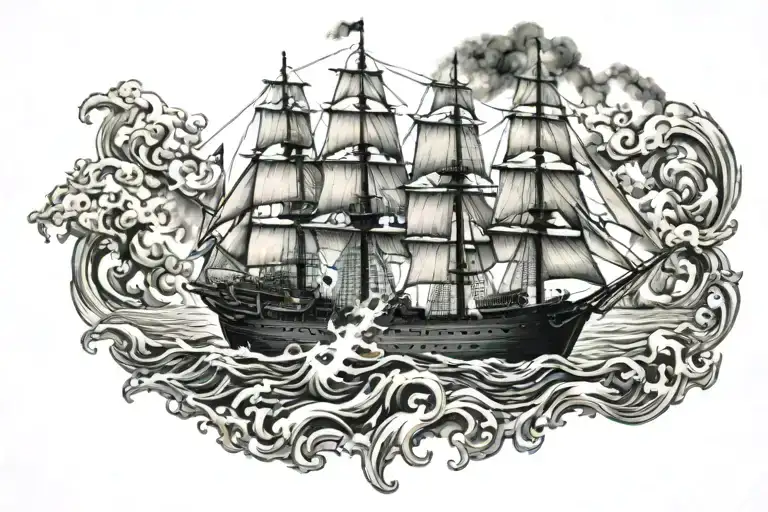 burning ship tattoo design idea