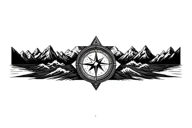 large compass surrounded by intricate geometric mountains and crashing waves, black and white, triangle frame tattoo design idea
