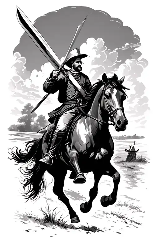 Don Quixote sword drawn riding a horse galloping fighting a windmill tattoo design idea