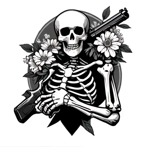 Full-body Skeleton holding a gun in front of his body and  holding a bouqet of flowers behind his back tattoo design idea