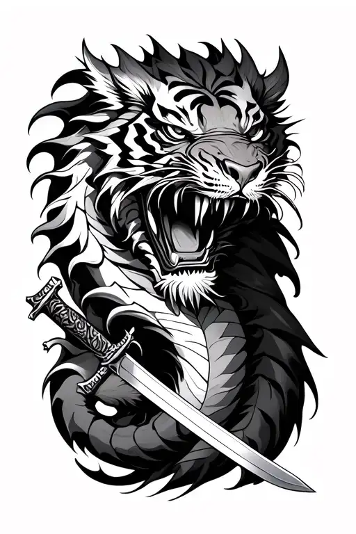 dragon tiger and katana sword tattoo design idea