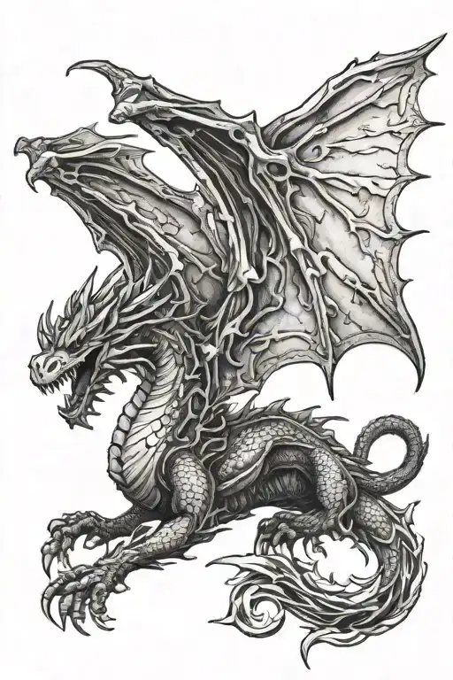 Medieval style dragon flying with outstretched wings seen from overhead view tattoo design idea