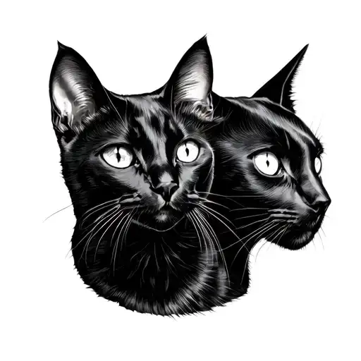 Black cat looks to the right, the same head looks to the left, well by a cross in the middle tattoo design idea