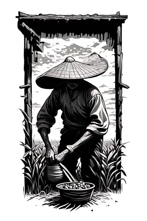 older Chinese farmer working in the field with his face hidden by his hat tattoo design idea