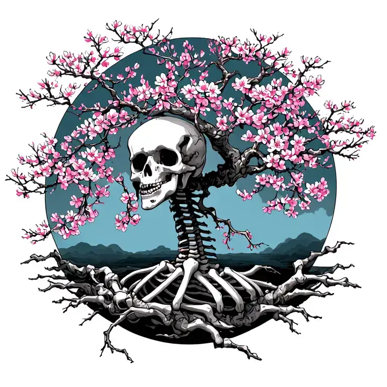 japanise cherry blossom skeleton tree intertwined within tattoo design idea