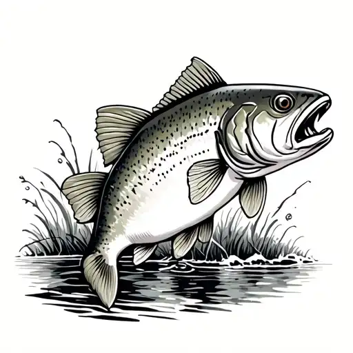 A black-and-white vintage Western-style ink illustration of a rainbow trout The fish is shown in profile tattoo design idea