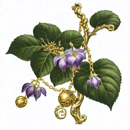 a golden chain broken in two, a purple nightshade flower, and a beautiful fig tree all together as one gorgeous Triskele tattoo design idea