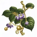 a golden chain broken in two, a purple nightshade flower, and a beautiful fig tree all together as one gorgeous Triskele tattoo design idea