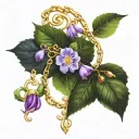 a golden chain broken in two, a purple nightshade flower, and a beautiful fig tree all together as one gorgeous Triskele tattoo design idea