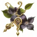 a golden chain broken in two, a purple nightshade flower, and a beautiful fig tree all together as one gorgeous Triskele tattoo design idea