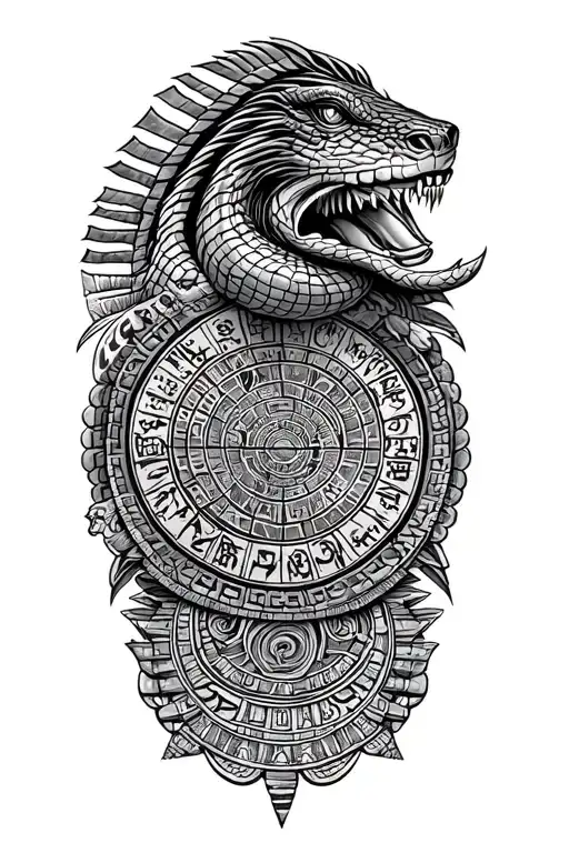 Mayan calendar surrounded by black mamba tattoo design idea