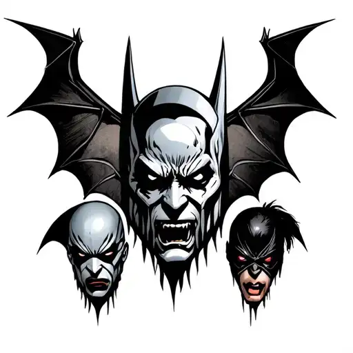 Avenged sevenfold bat logo with marvel comic characters heads tattoo design idea