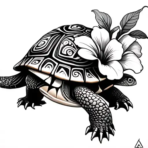 Tortoise Maori and Flower Hibiscus Flower tattoo design idea