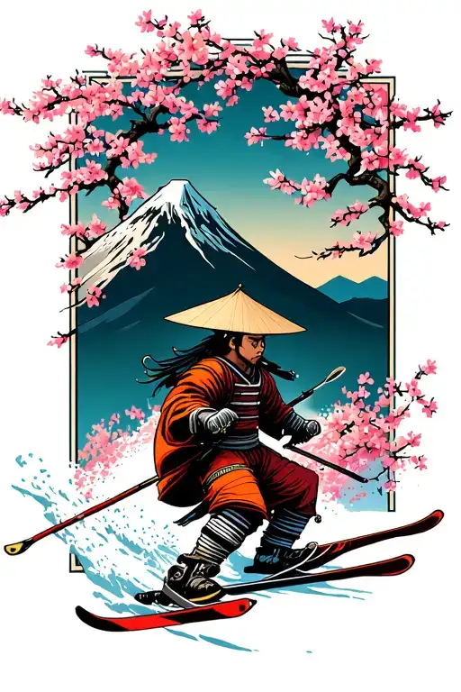 A samurai warrior skiing down a cherry blossom-covered mountain tattoo design idea