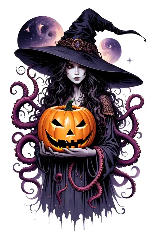witch holding jack-o'-lantern, tentacles, space, eldritch tattoo design idea