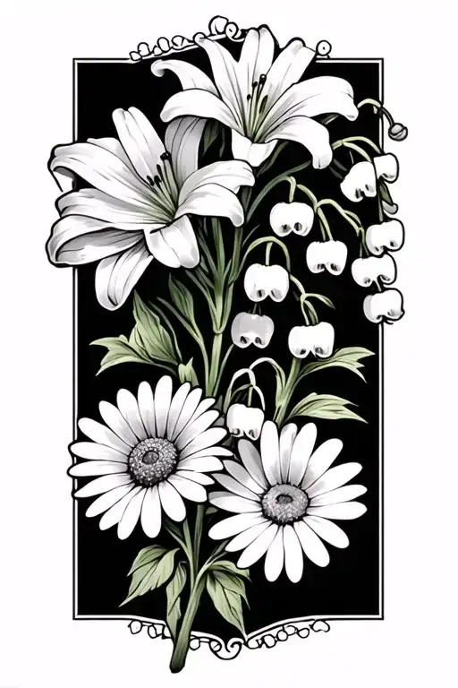 rosary, lily of the valley, daisy and a cosmo flower tattoo design idea