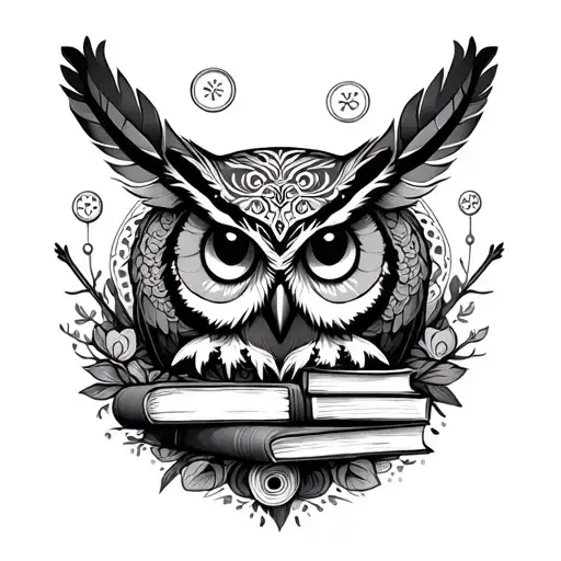 A mandala incorporating owl feathers, books, and sewing motifs (like needles, thread spools, or buttons tattoo design idea