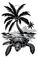 Sun lying, wave, sea turtle, island, palm tree tattoo design idea