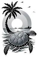 Sun lying, wave, sea turtle, island, palm tree tattoo design idea