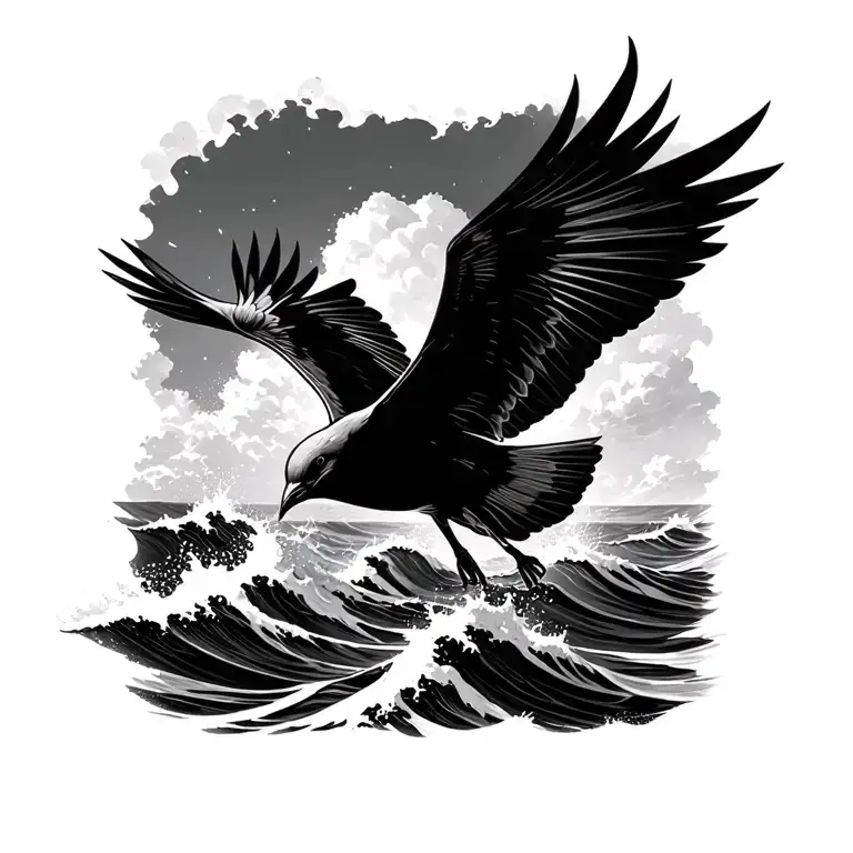 sea petrel soaring over turbulent waves tattoo design idea