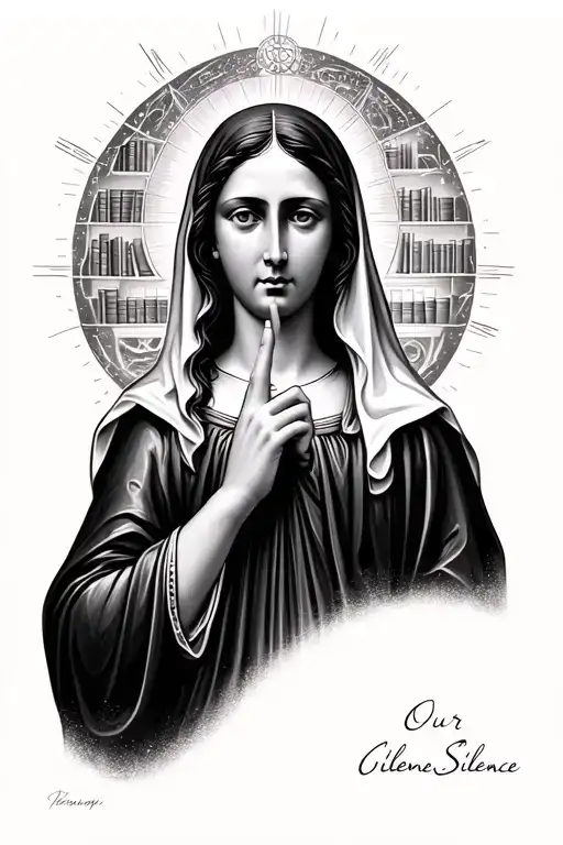 Our Lady of Silence, with her right index finger over her lips as a sign of silence, with a cosmic library in the backgr tattoo design idea