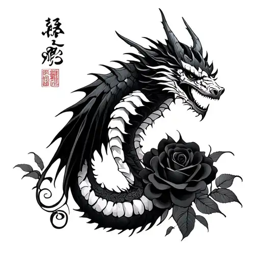 Japanese irezumi dragon with skeletal bone wings, black roses, elongated vertical composition, blackwork, stippling tattoo design idea
