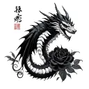 Japanese irezumi dragon with skeletal bone wings, black roses, elongated vertical composition, blackwork, stippling tattoo design idea