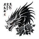 Japanese irezumi dragon with skeletal bone wings, black roses, elongated vertical composition, blackwork, stippling tattoo design idea