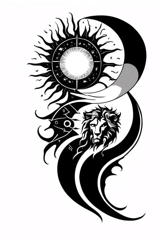 men's tattoo featuring the Sun and Moon as the central elements, with zodiac signs Virgo, Leo, and Scorpio incorporated  tattoo design idea