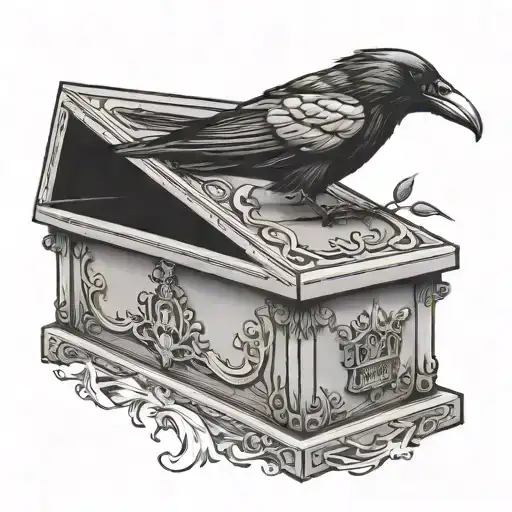 coffin with a crow flying tattoo design idea