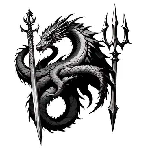 "A fierce, gothic-style dragon coils tightly around a sharp, cursed trident, wrapping naturally along the right arm.  tattoo design idea