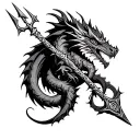 "A fierce, gothic-style dragon coils tightly around a sharp, cursed trident, wrapping naturally along the right arm.  tattoo design idea