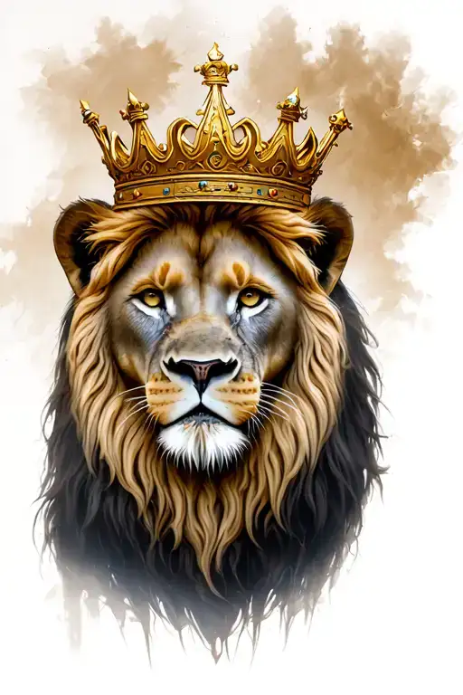 realistic full-face lion with a crown , exuding power and majesty, with piercing eyes and subtle shadow tattoo design idea
