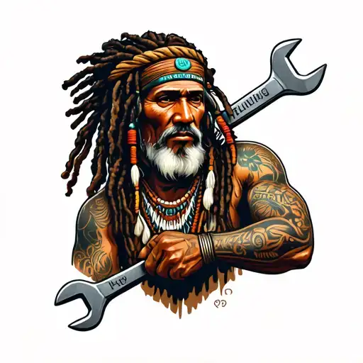 "Indigenous Plumbing " dreadlock Native American with face tattoo holding wrenches  tattoo design idea