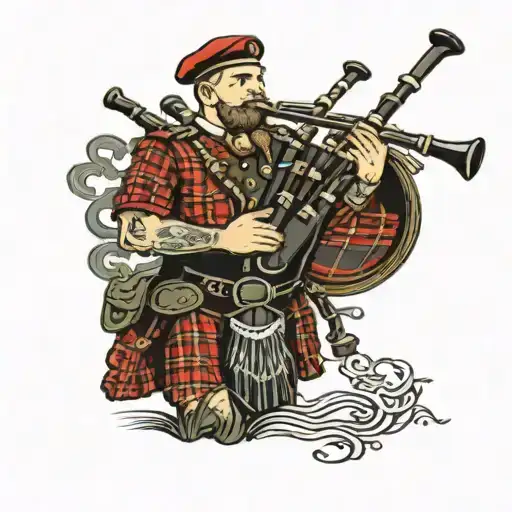 Celtic wounded warrior playing the bag pipes wearing the Waugh tartan kilt tattoo design idea