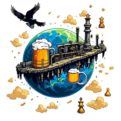 A surreal scene of a beer brewery on a mystical planet with chess pieces floating in the sky and birds soaring above tattoo design idea