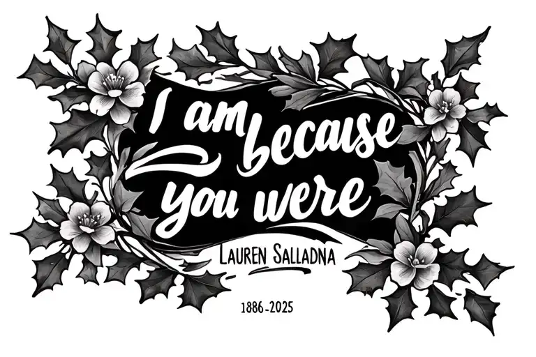 Cursive text “I am because you were” with “Lauren Saldana” and “1986–2025” beneath, wrapped in holly flowers and vines  tattoo design idea