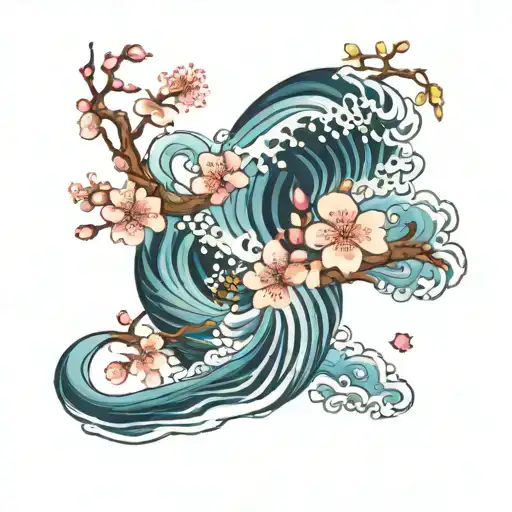 Japanese cherry blossoms with waves flowing and freezing tattoo design idea