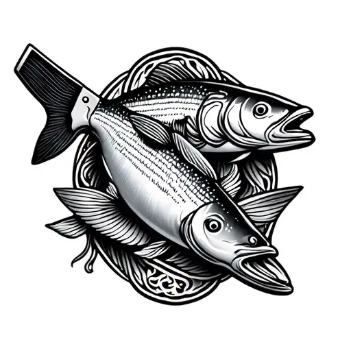 whole salmon and butcher knife intertwined tattoo design idea