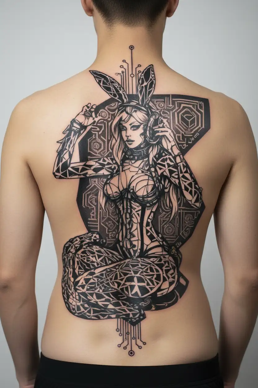 Playboy Bunny girl, sexy, wide hips, petite, Huge boobs, corset, fishnet stockings, G-String, cleavage, stripper  tattoo design idea