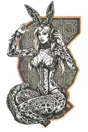 Playboy Bunny girl, sexy, wide hips, petite, Huge boobs, corset, fishnet stockings, G-String, cleavage, stripper  tattoo design idea