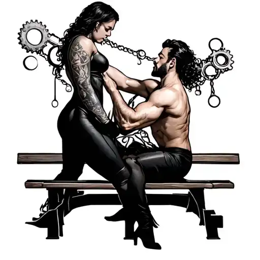 bdsm gear with woman standing  spanking a man over a bench tattoo design idea