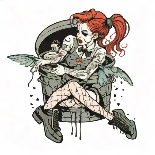 female hooker with red hair and pigtails and net stockings dead body stuffed in a trash can with flies buzzing arou tattoo design idea