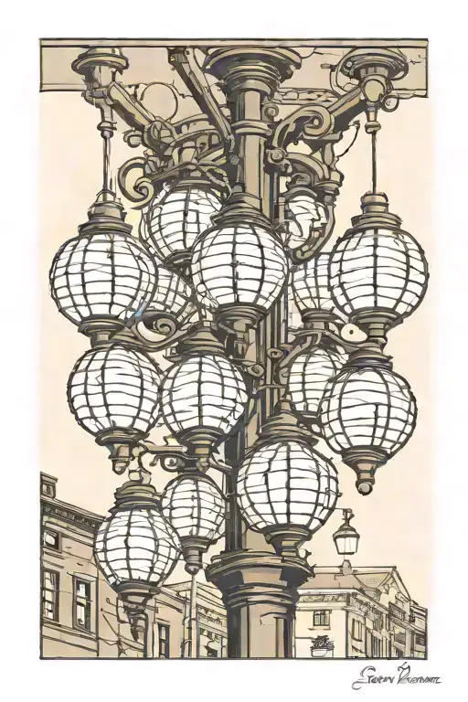 San Diego street gaslamp with 5 globe bulbs with one in center and 4 around on same level on a pole tattoo design idea