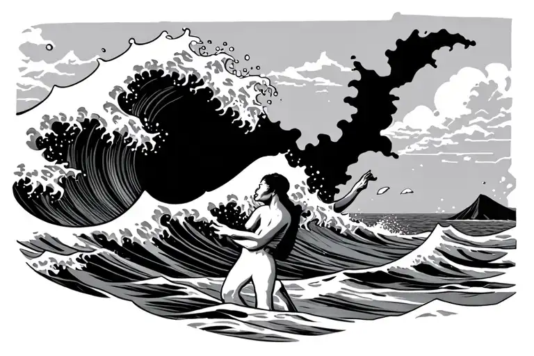 Lake Michigan wave crashing with Samll figure playing tattoo design idea